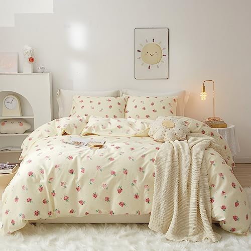 VM VOUGEMARKET Cute Fruit Duvet Cover Queen 3 Pieces Strawberry Bedding Set Cream White Cotton Quilt Cover with Zipper for Girls Women 90x90 Inch