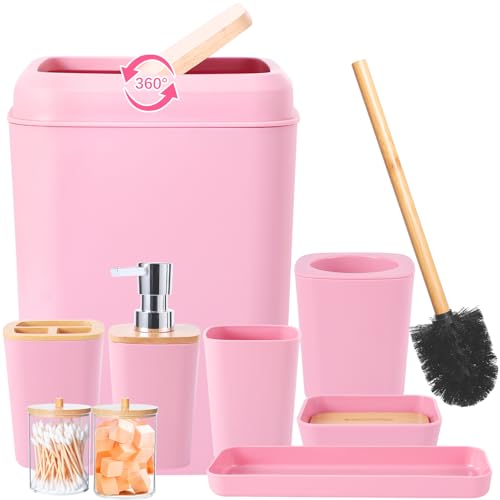 Pink Bathroom Accessories Set 9 Piece Bathroom Accessory Set with Trash Can,Toothbrush Holder,Toothbrush Cup,Lotion Soap Dispenser,Vanity Tray,Soap Dish,Toilet Brush,Qtip Holder