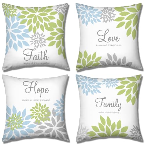 Tatuo 4 Pcs Flower Pillow Covers Square Summer Pillow Cushion Cases 18 x 18 Inch Family Faith Hope Love Words Decorative Spring Winter Cushion Case for Bed Couch Sofa Living Room(Green Series)