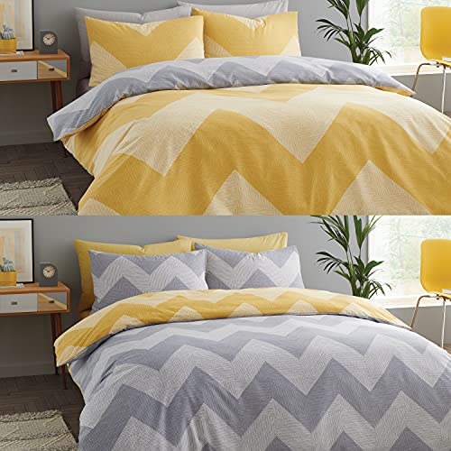 Catherine Lansfield Chevron Geo Two Pack Easy Care Single Duvet Sets Grey/Ochre