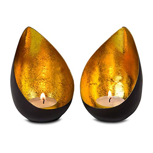 ROMINOX Gift Item Tea Light Set // Drops - 2 Pieces Bright Gold Candlelight with Gold Foil Lining Christmas Barbecue Valentine's Day Mother's Day Each Dimensions Approx 7.9 x 7.5 x 11 cm