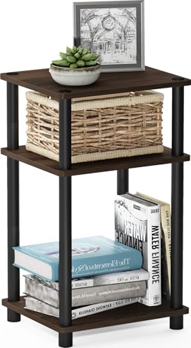 Furinno JUST Side Table, 3-Tier End Table, Open Shelves Night Stand, Bedside Table, Toolless Assembly, for Living Room, Bedroom, Columbia Walnut