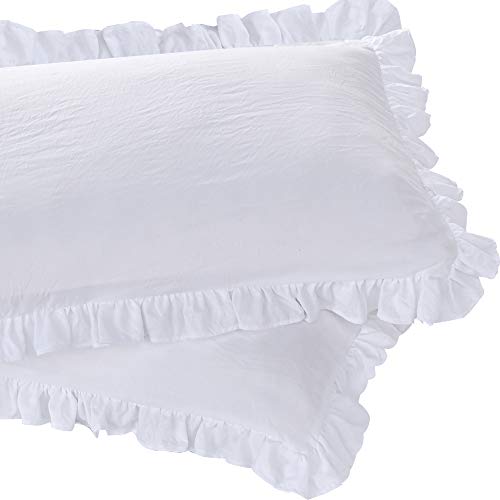 Queen's House Ruffled Pillow Shams Queen White Shabby Set of 2 Farmhouse Pillowcases French Country Vintage Frilly Pillow Cover Polyester 20x30
