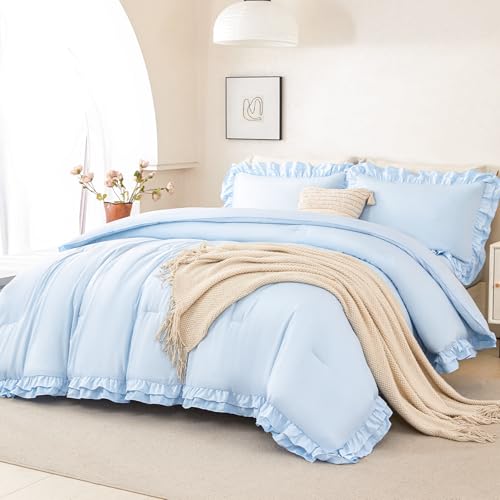 PERFEMET Full Ruffle Comforter Light Blue, 5 Pieces Double Layer Ruffled Comforter Set Shabby Chic Bedding, Fluffy All-Season Bed in A Bag for Women Wife (Blue, Full)