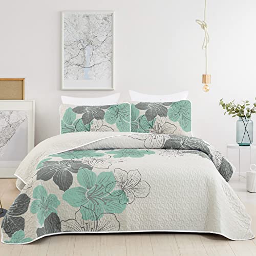 DJY 3 Piece Bedding Set King Green Floral Elegant Boho Bedspread with 2 Pillow Shams Soft Lightweight for All Seasons 104 x 90 Inch