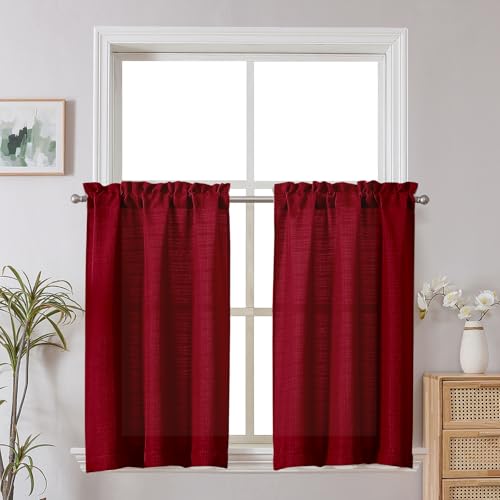 Chyhomenyc Christmas 2 Panels Red Kitchen Curtains 36 Inch Length, Faux Linen Textured Small Cafe Curtain Tiers, Light Filtering Short Window Curtains for Bathroom Basement, 30x36 inch, 2PCS