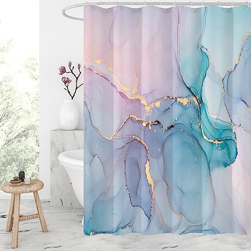 Gibelle Long Fabric Shower Curtain 72 x 78, Tall Abstract Marble Bathroom Curtains, Pink Turquoise Modern Ink Art Waterproof Fabric Shower Curtain Set with Hooks