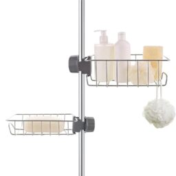 ASelected 2 Pcs Shower Caddy No Drill, Stainless Steel Shower Shelf Rack for Riser Rail 18-25mm, Rustproof Storage Rack Hanging Bathroom Organiser for Bathroom Kitchen Toilet, Silver
