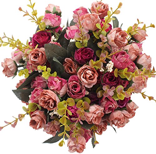 Duovlo 7 Branch 21 Heads Artificial Flowers Bouquet Mini Rose Wedding Home Office Decor,Pack of 4 (Rose Red)