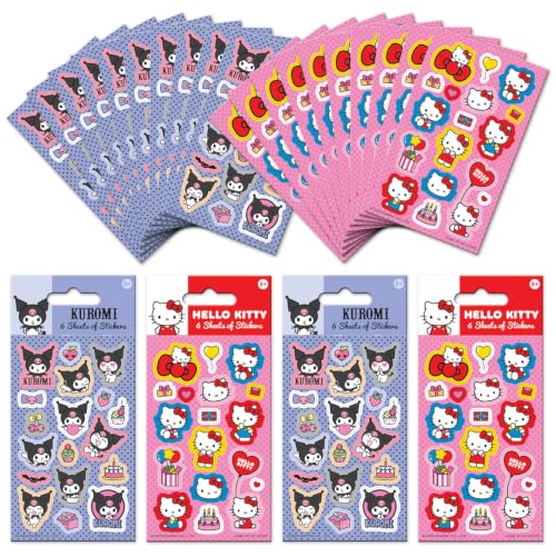 Hello Kitty and Kuromi Party Bag Sticker Bundle (24 Sheets) - Official Licensed Product, 24 Sheets, Children's Parties, Party Bags or Stocking Fillers, Age 3+
