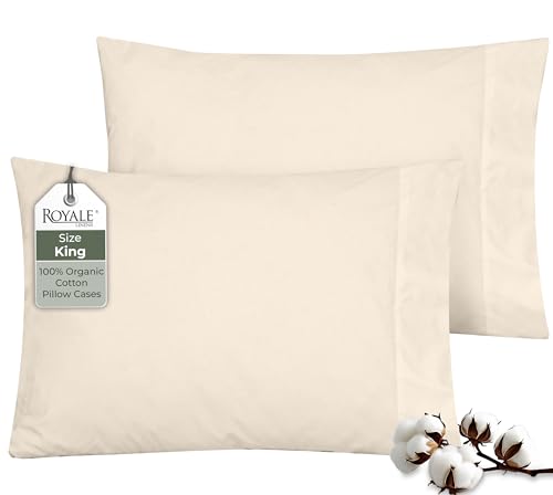 "ROYALE LINENS 100% Organic Cotton Percale Pillowcases Set of 2 - King Size Percale Pillowcase - King Set of 2 Pillow Cover - Breathable, Cool & Crisp White Pillow Cases (20""x40"", Cream)"