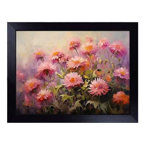 Lap Tray with Bean Bag Cushion, Chrysanthemums Gestural - Handmade in the UK, Raised Wooden Edge, Padded Cushion, Heat-Resistant Wipe-Clean Surface, for Meals, Laptops and Crafts