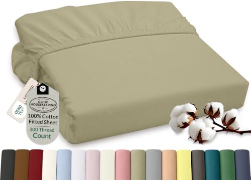 ROYALE LINENS 300 Thread Count 100% Long Staple Combed Cotton Fitted Sheet Twin - Super Soft Deep Pocket Bottom Sheet - Fitted Sheets Only - Elastic Sheets (Twin, Sage Green)