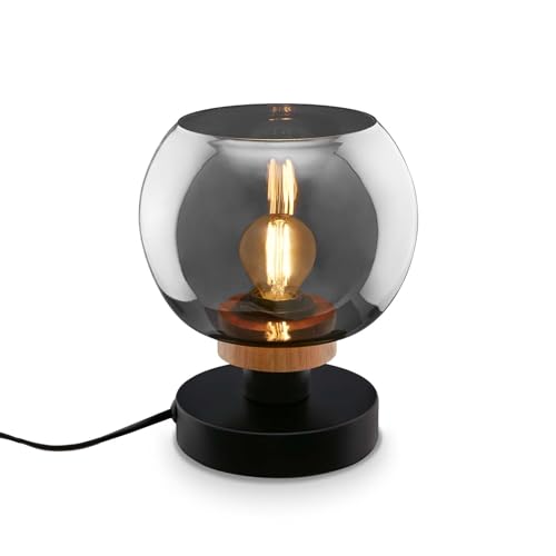 BRILONER Night Light, Smoke Glass, Cable Switch, Desk Lamp, E14 Table Lamp, Home Office, Reading Light, Black Wood