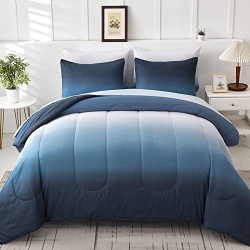 "Blue Comforter Set Queen - 7 Pieces Ombre Blue White Microfiber Bedding Set - All Season Down Alternative Light Ocean Sea Abstract Bed in a Bag for All Season (90"" x90"")"