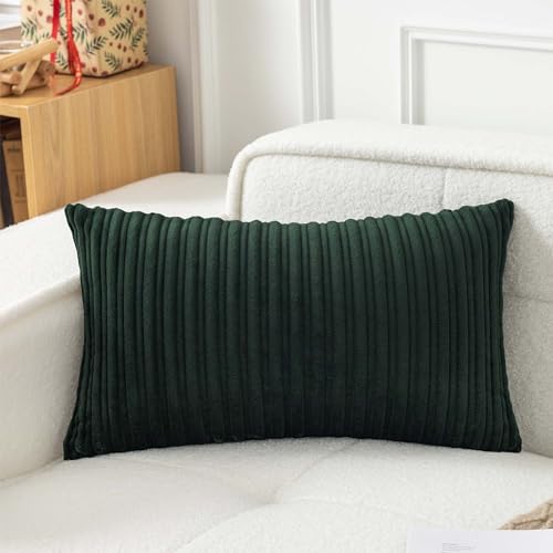 UGS UGASA UGASA Velvet 12x20 Inch Lumbar Soft Throw Pillow Cover Boho Striped Decorative Both Sides Solid Rectangular Cushion Case for Couch Bedroom Sofa Home, 1 Piece, Dark Green