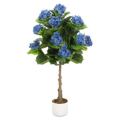 GarveeHome Artificial Hydrangea Tree 95 cm, 9 Blue Flowers in Black Planter, for Living Room, Office & Balcony, Artificial Plant with 9 Hydrangea Flowers