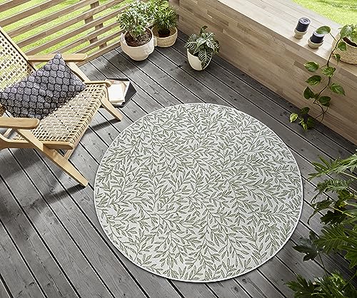 Hanse Home Twig Indoor and Outdoor Rug Round - Round Outdoor Rug Branch Pattern Weatherproof & Waterproof Flat Weave Outdoor Rug for Living Room, Hallway, Patio, Garden, Balcony - Cream Green, 120 cm