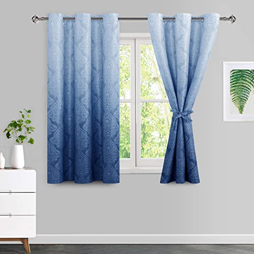 JIUZHEN Ombre Blackout Curtains for Bedroom???Damask Patterned Thermal Insulated Noise Reducing Grommet Curtains for Living Room, Navy Blue, W 42 x L 54 Inch, Set of 2 Panels with Tiebacks