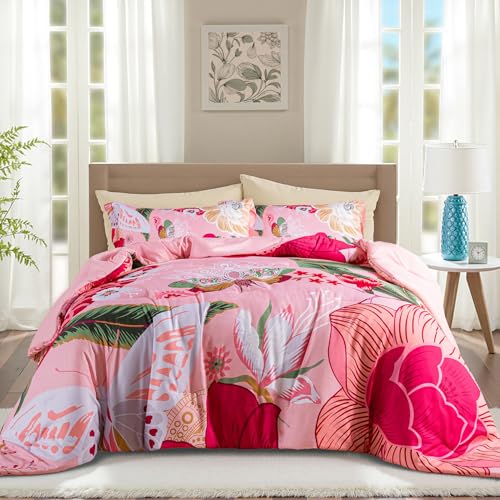 Tyrot Pink Boho Floral Queen Comforter Set - 3 Piece Farmhouse Botanical Bedding Comforter Sets for All Season Soft Lightweight Mid Century Modern Bed Set, (1 Reversible Comforter and 2 Pillow Shams