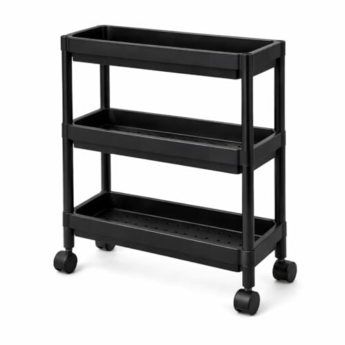 DIVCHI 3 Tier Storage Trolley Cart on Wheels Slim Rolling Slide-Out Slim Utility Cart Storage Shelving Organizer for Kitchen Laundry Narrow Space Rack Space-Saving Bathroom Bedside Trolley (Black)