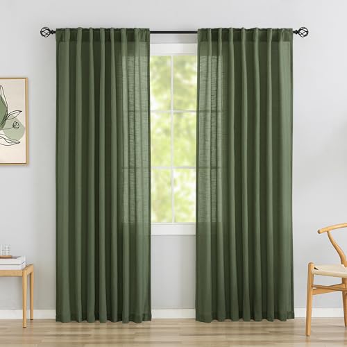 DONREN Olive Green Back Tab Curtains 78 Inches Long 2 Panels for Guest Room -Elegant Modern Country Semi Sheer Privacy Drapes Hooks Belt Light Filtering Playroom Curtains W52 x L78