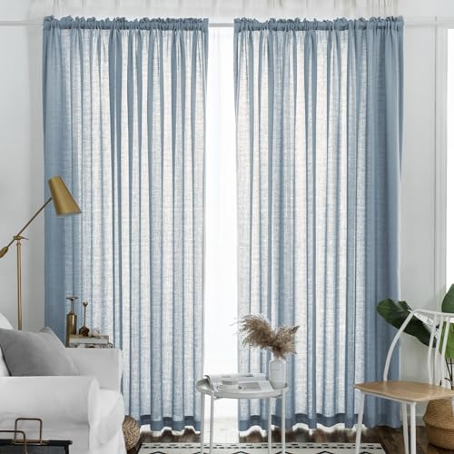 "Melodieux Linen Look Curtain 108 Inch - Semi Sheer Curtains for Living Room, Bedroom, Extra Long Rustic Light Filtering Shiny Sheer Drapes Curtains Rod Pocket, 52"" W x 108"" L, 2 Panels"