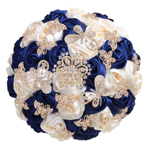 "Mhojpik Handmade Wedding Flowers Bouquet Round Holding Bridal Bouquet Toss Artificial Rose Bunch for Bride Bridesmaid Wedding Quinceanera (Navy Blue & Cream, 7.5"")"