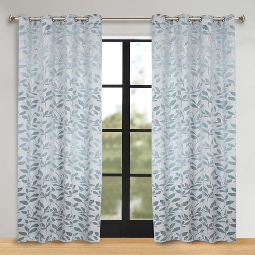 "Superior Semi Blackout Curtains - Modern Leaves - 52"" x 84"" - Grommet Header - Thermal Insulated, Sun Blocking & Room Darkening Drapes for Bedroom, Living Room - Set of 2 Panels - Teal"