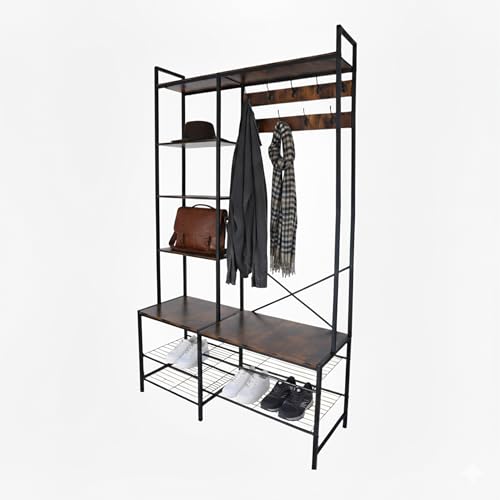 Relaxdays coat rack, 4 shoe shelves, 9 double hooks, 5 hat racks, HWD 190 x 120 x 40 cm, black/brown