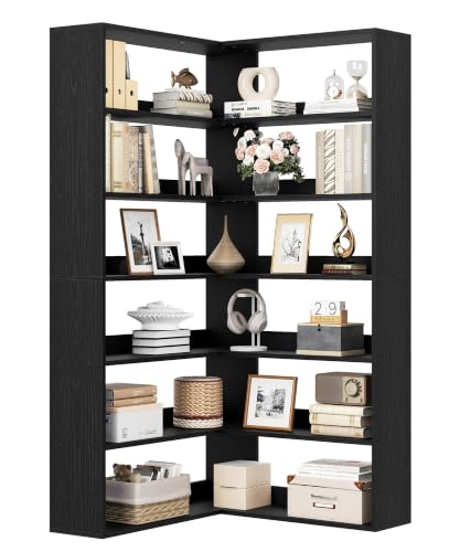 IRONCK Bookcase Corner Bookshelf 6-Tier, Tall Bookshelf Free Standing with Baffles, Wooden Open Storage Display Rack, L-shaped Shelving Units for Living Room Bedroom Office, 89.5x89.5x180cm (Black)