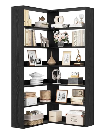 IRONCK Bookcase Corner Bookshelf 6-Tier, Tall Bookshelf Free Standing with Baffles, Wooden Open Storage Display Rack, L-shaped Shelving Units for Living Room Bedroom Office, 89.5x89.5x180cm (Black)