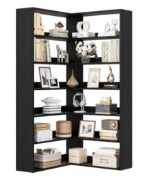 IRONCK Bookcase Corner Bookshelf 6-Tier, Tall Bookshelf Free Standing with Baffles, Wooden Open Storage Display Rack, L-shaped Shelving Units for Living Room Bedroom Office, 89.5x89.5x180cm (Black)