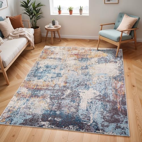 Livabliss Clearwater Abstract Area Rug - 140x200 cm Living Room, Dining Room, Lounge, Kitchen, Bedroom - Modern Marble Large Rug, Soft Luxurious Easy Care Medium Pile, Blue, Ivory and Grey
