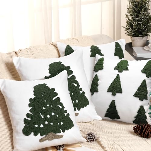 HunnmingRe 4 Pcs Christmas Pillow Covers 18x18 Inch Green Christmas Tree Throw Pillow Cover Winter Holiday Cushion Covers Square Embroidered Pillowcases for Sofa Couch Bedroom Living Room Home Decor