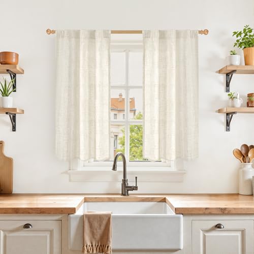 YoungsTex Linen Kitchen Window Curtains 40 Inch Length, Small Semi Sheer Drapes with Rod Pocket Back Tab Light Filtering for Bathroom Cafe Windows, 2 Panels, 30 X 40 Inch