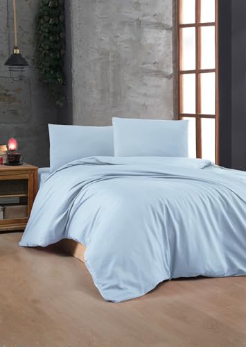 Nuit Des Rêves Light Blue Ranforce Single Quilt Cover Set, 135 x 200 cm, 100% Cotton, 155 Thread Count, Button Closure, Machine Washable at 30°C, Cosy & Stylish Bedding