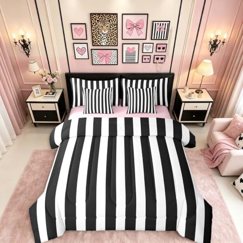 Erosebridal Black and White Striped Twin Size Comforter Set with Sheets - Striped 7-Piece Bedding Set Pink and Black Bed in a Bag for Kids Teens Adults Cute Pinstripe Girls Bed Quilt Sets