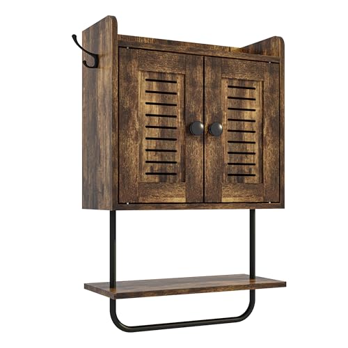 Relaxdays wall cabinet, towel holder, 2 hooks, 2 shelves, double doors, HWD: 61 x 40 x 17.5 cm, brown