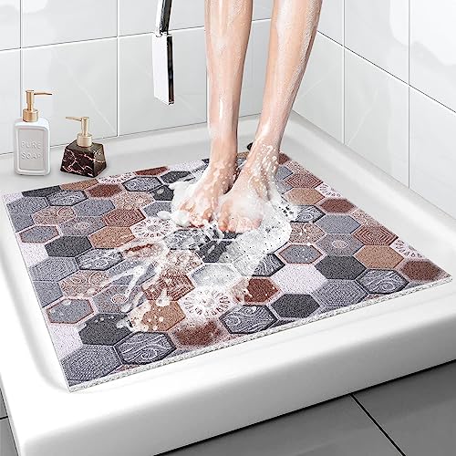 Shower Mat Bathtub Mat Non-Slip, 32x32 Inch, Soft Comfort Bath Mat with Drainage Holes, PVC Loofah Massage Bathmat for Shower, Tub, Bathroom, Wet Areas, Quick Drying