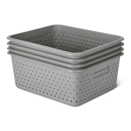 Amazon Basics Decorative BPA-Free Plastic Storage Baskets, 13.66 x 11.34 x 5.39, Grey, Pack of 4