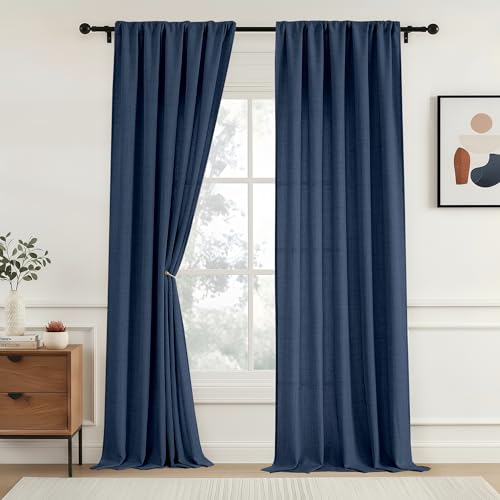 OVZME Extra Wide Curtains 96 Inches Long 2 Panels, Light Filtering Rod Pocket Window Drapes, Faux Linen Rustic Farmhouse Dining Room Curtains for Sliding Glass Door, Navy Blue, 2x52Wx96L Inches