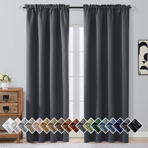 OVZME Charcoal Grey Blackout Curtains for Bedroom 90 Inch Length 2 Panels, Room Darkening Soft Fabric Curtain Panels for Living Room, Modern Window Treatments Dual Rod Pocket Design, 2x50Wx90L Inches