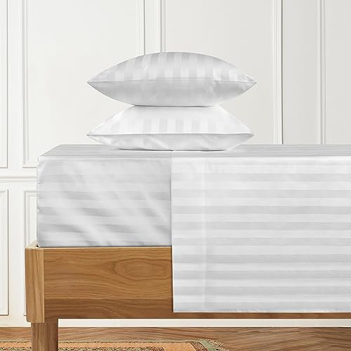 "URBANHUT 1000 Thread Count Egyptian Cotton Sheets Damask Striped King Size, Long Staple Soft & Breathable, 4 Pc Bed Sheet Sets, Luxury Hotel Sateen Sheets Fits 16"" Deep Pocket - White"