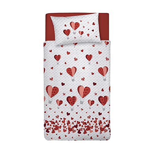 PENSIERI DELICATI 100% Cotton Single Duvet Cover Set, 155 x 200 cm and 1 Pillowcase 52 x 82 cm, Made in Italy, Duvet Cover Machine Washable At 40 Degrees, Red Hot Air Balloon Design