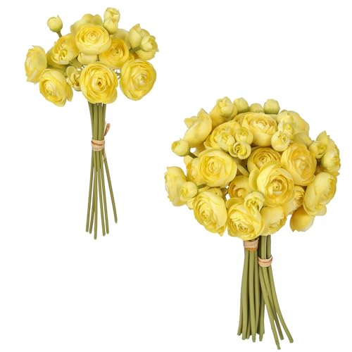 IPOPU Artificial Ranunculus 2 Bouquets Small Yellow Artificial Flowers 12PCS Faux Ranunculus Flowers for Vase Filler Bouquet Wedding Decor Bridal Shower Floral Filler Flowers Centerpieces (Yellow)