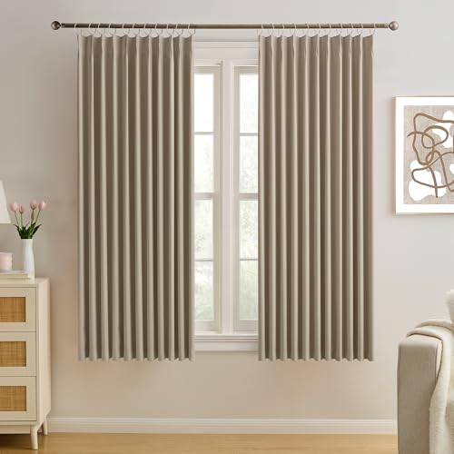 "KEQIAOSUOCAI Pleated Blackout Curtain Drapes for Window 63"" L - Triple Weave Energy Saving Solid Pinch Pleat Hook Thermal Room Divider Blackout Panels for Patio (72"" Wide per Panel, 2 Panels, Khaki)"