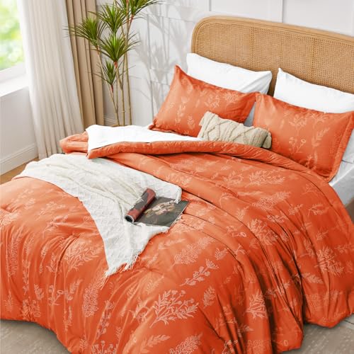 Kozyhvn Floral Comforter Set Queen Burnt Orange, Cute Flower Bed in a Bag Queen Boho 7 Pieces, Soft Fluffy Bedding Sets with Comforter, Sheets, Pillowcases & Shams, All Season