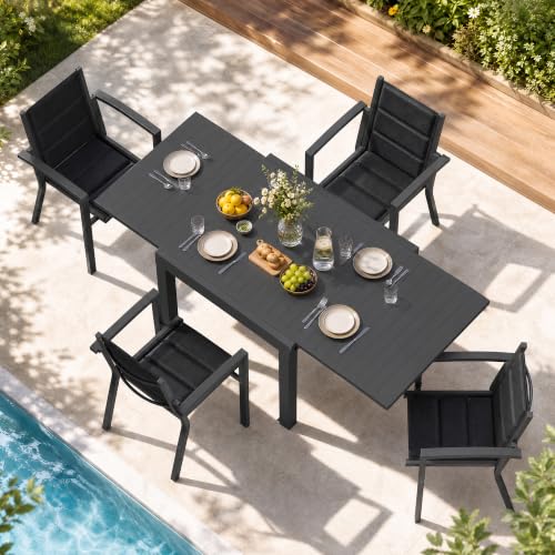 JUMMICO Garden Table and Chairs Set, Extendable Table + 4 Stackable Textilene Chairs, Aluminium Frame Space-Saving Outdoor Dining Set for Patio & Garden – Dark Grey