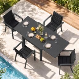 JUMMICO Garden Table and Chairs Set, Extendable Table + 4 Stackable Textilene Chairs, Aluminium Frame Space-Saving Outdoor Dining Set for Patio & Garden – Dark Grey